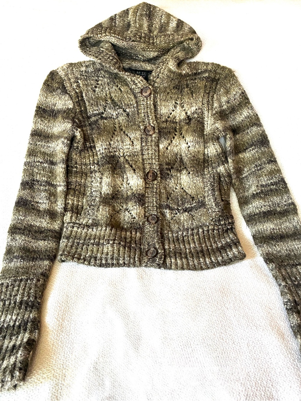 Calvin Klein Jeans Hooded Button-Up Knit Cardigan in Olive and Brown